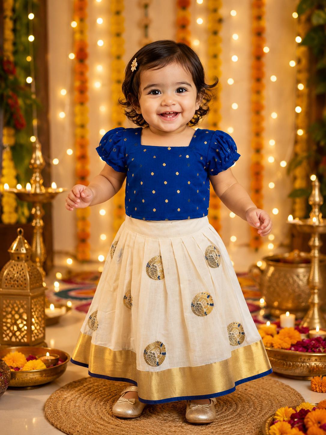 Royal Blue Kerala Style Pattu Pavadai Set for Baby Girls